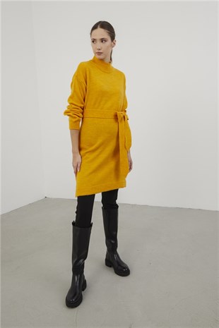 Sherin Kadın Hardal Yumuşak Dokulu Bağcık Detaylı Triko Elbise SWD4216HR