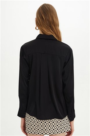 Sherin Kadın Siyah Uzun Kollu Saten Gömlek SWG4418Sİ