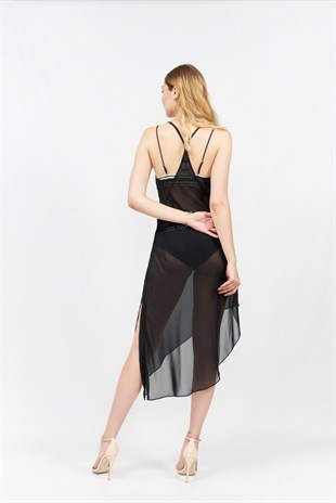 Ejja Design -  Asimetrik Şifon Elbise Siyah