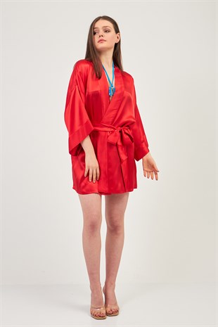 Kadın Kırmızı İpek Kimono Sabahlık