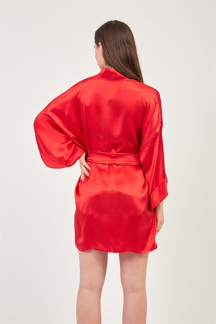 Kadın Kırmızı İpek Kimono Sabahlık